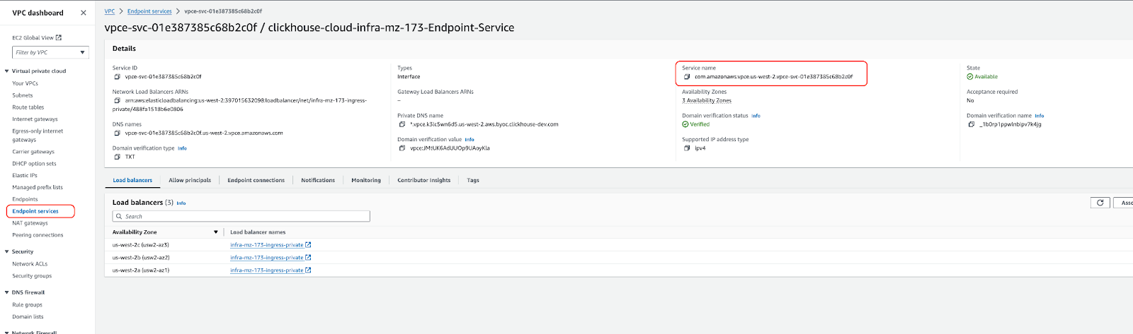 Сервисная конечная точка BYOC PrivateLink