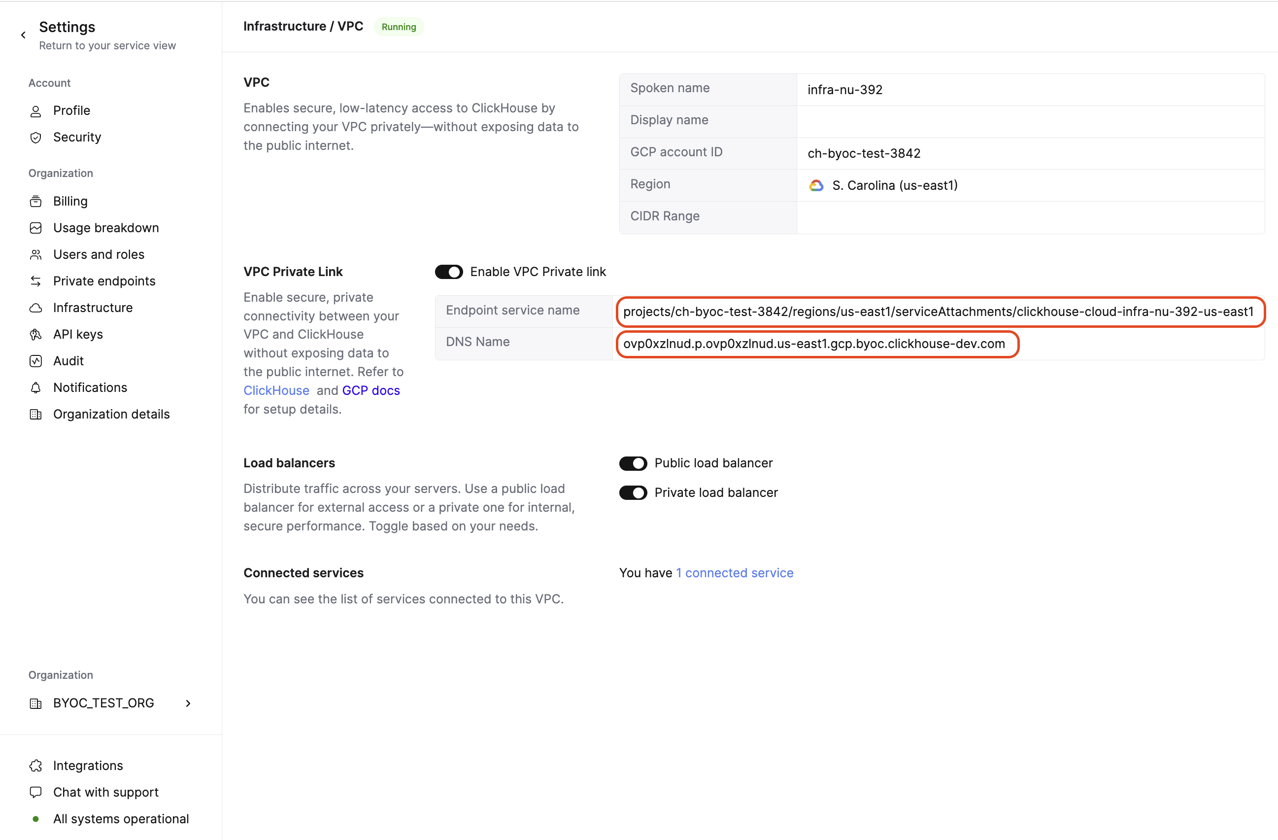 Конечная точка BYOC PSC
