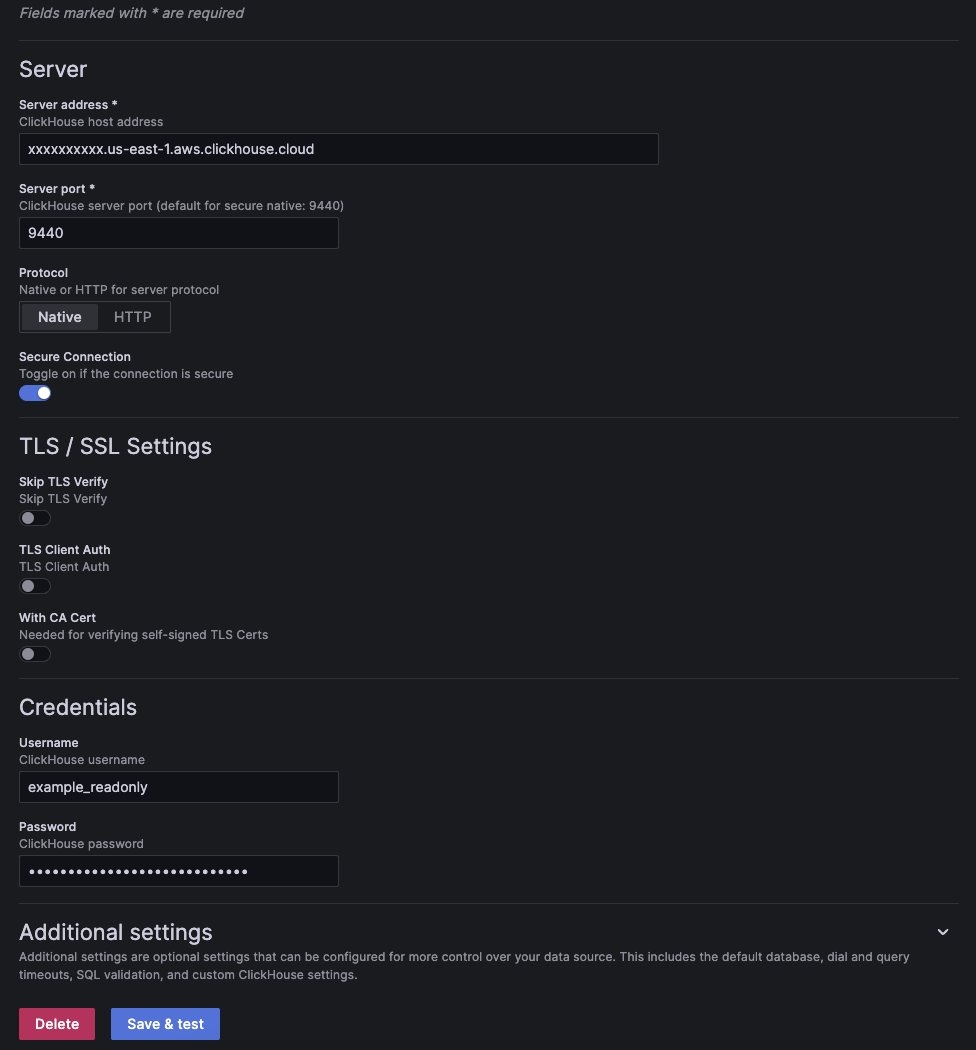Страница настройки соединения