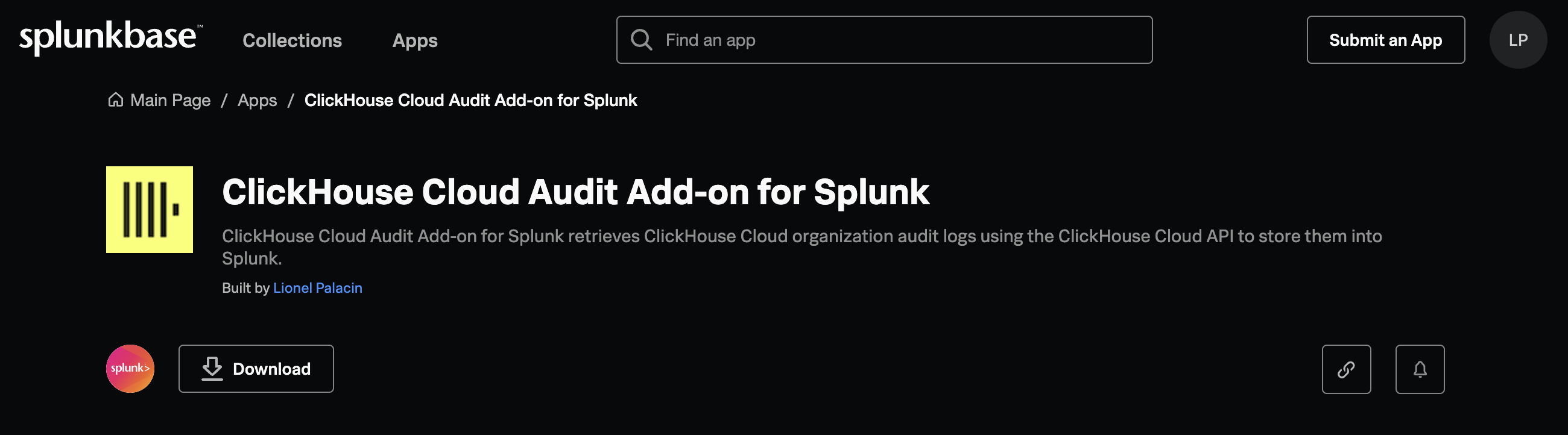 Сайт Splunkbase со страницей загрузки ClickHouse Cloud Audit Add-on for Splunk